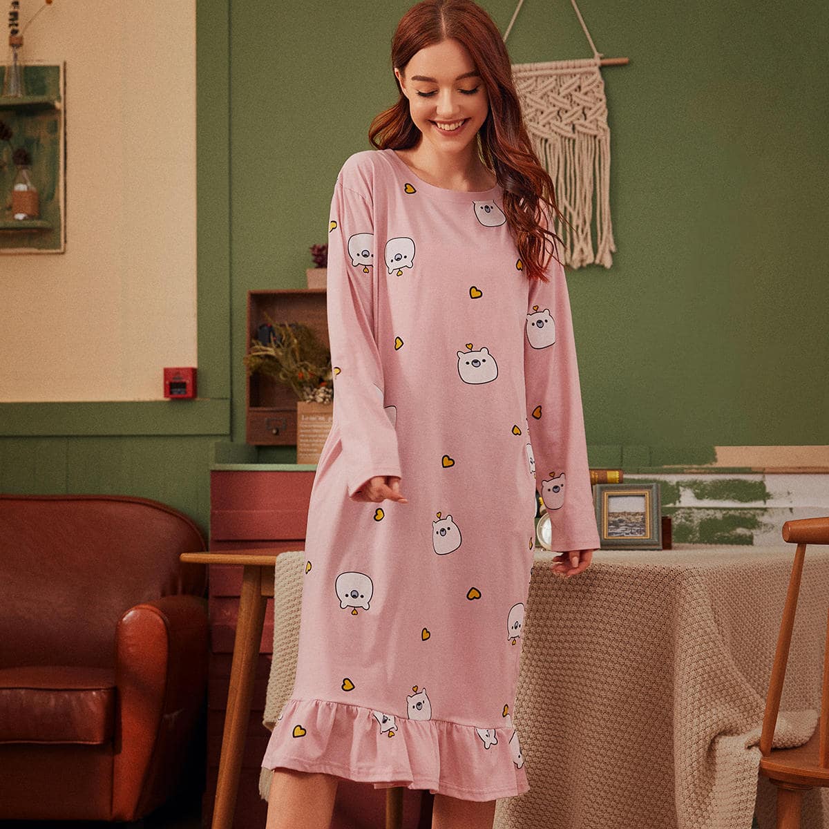 

Heart & Bear Print Ruffle Hem Night Dress, Pink
