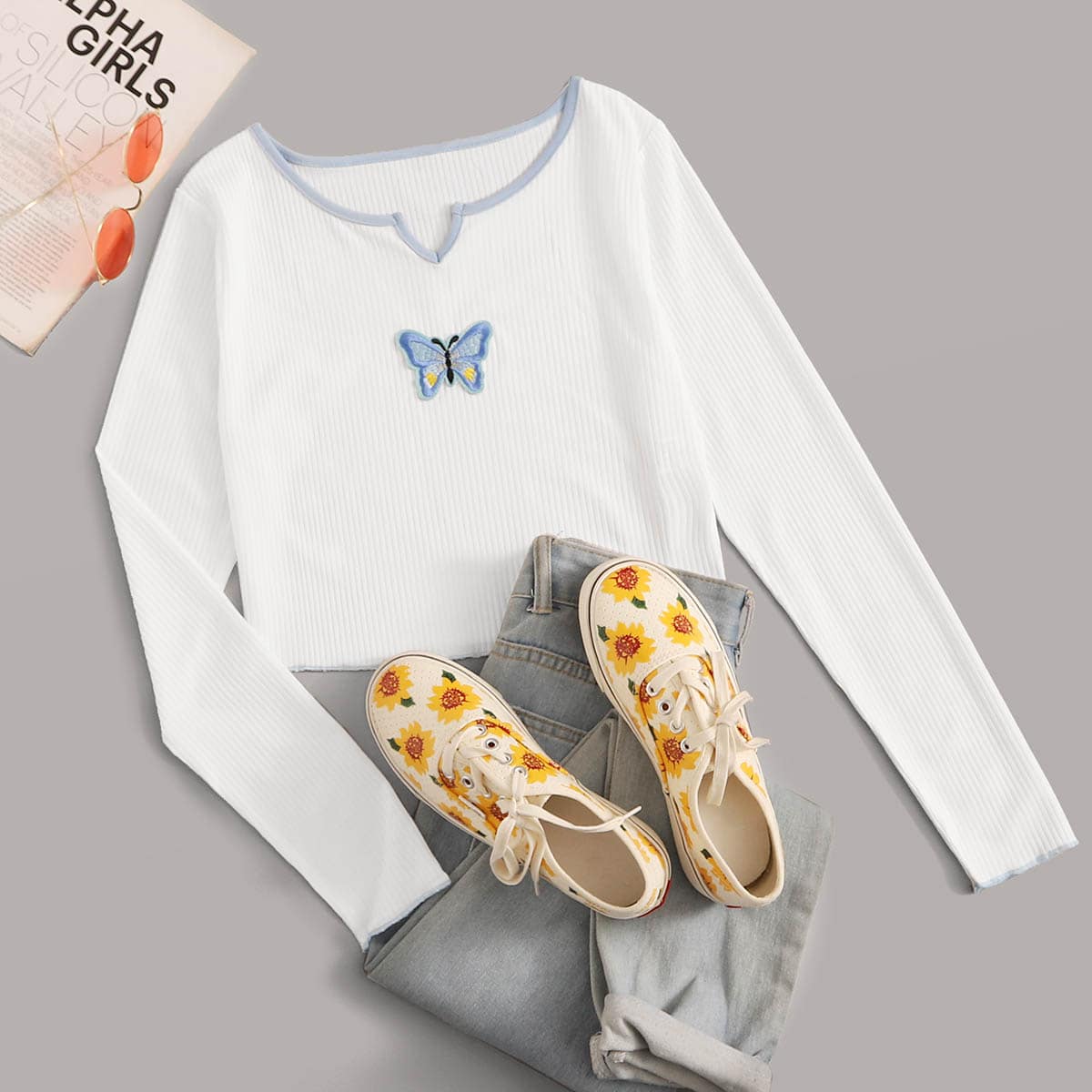 

Butterfly Embroidery Ribbed Crop Tee, White