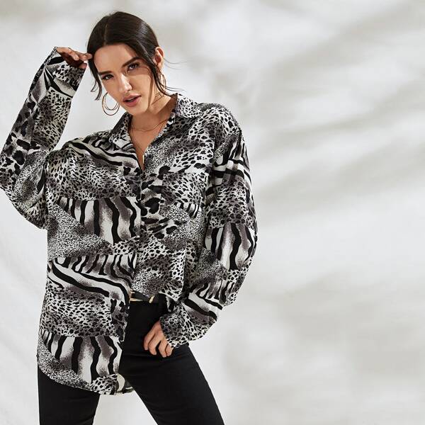 

Animal Scarf Print Boyfriend Blouse, Multicolor