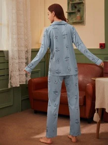 Conjunto de pijama con botón delantero con estampado floral - Neblina azul - Ver 2