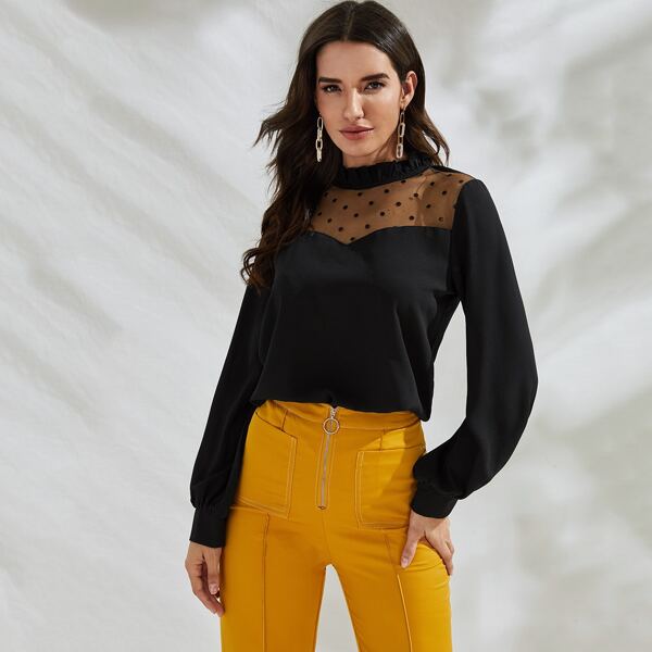 

Mock Neck Contrast Dobby Mesh Blouse, Black