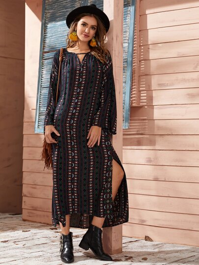 Robe tunique fendue à imprimé tribal