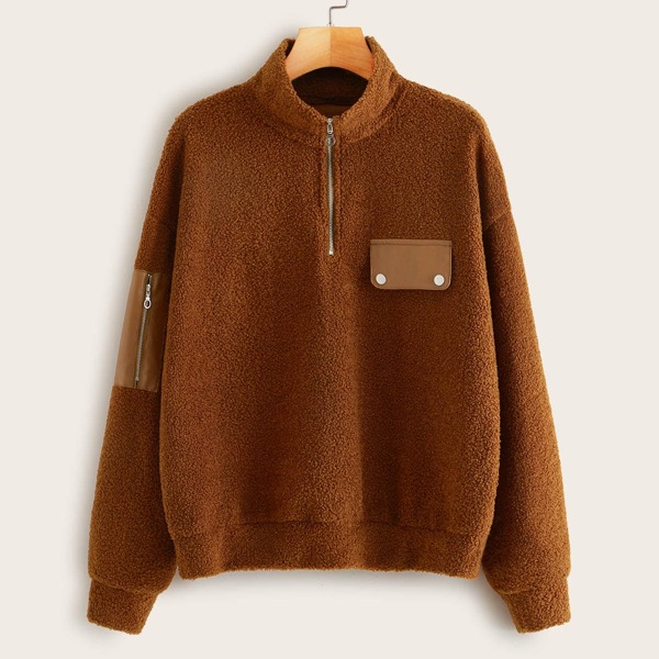 

Quarter Zip Drop Shoulder Teddy Sweatshirt, Brown