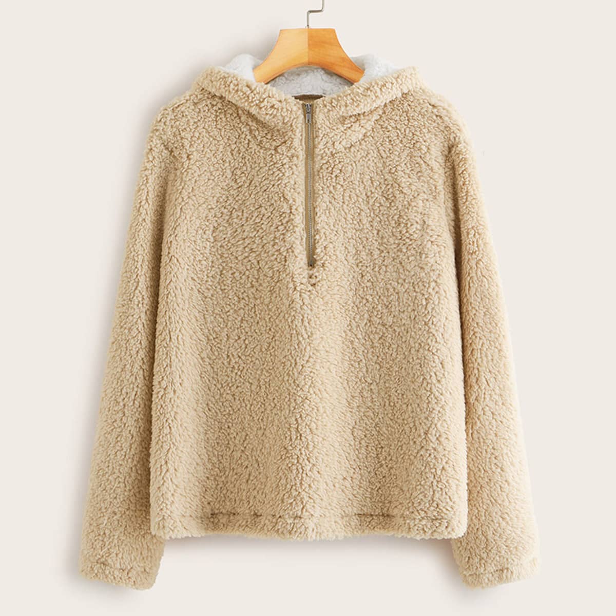 

Solid Half Zip Teddy Hoodie, Beige
