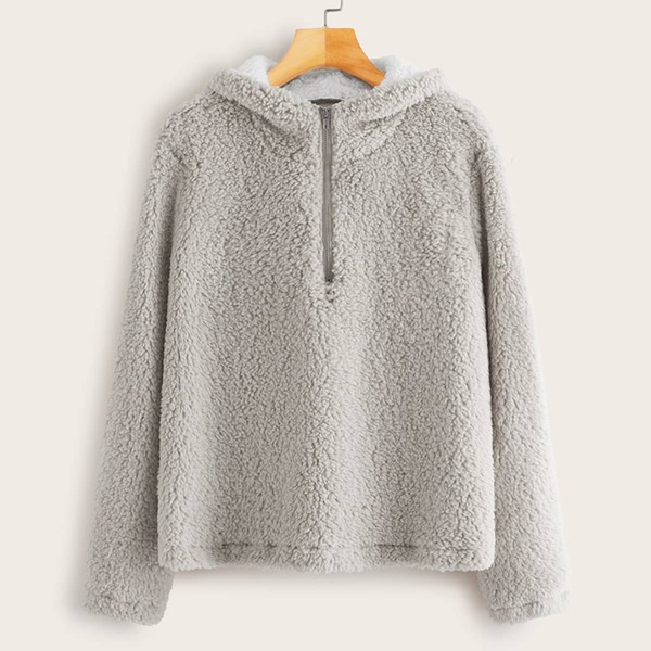 

Solid Half Zip Teddy Hoodie, Grey