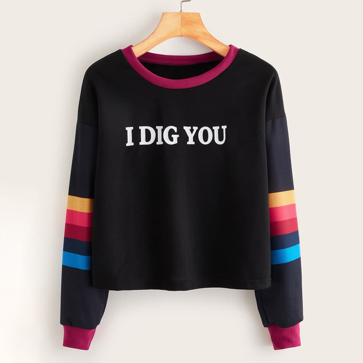 

Slogan Graphic Striped Sleeve Sweatshirt, Black