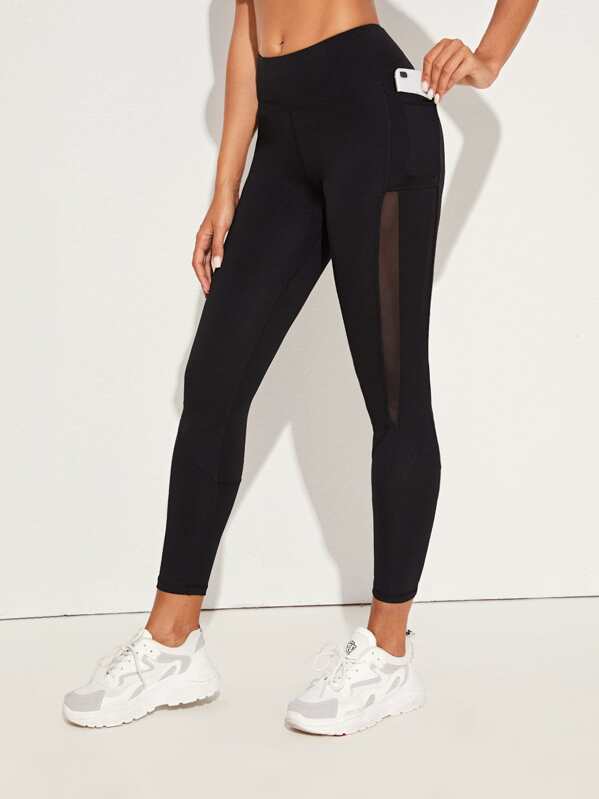 

Mesh Insert Wide Band Waist Sports Leggings, Black, Giulia