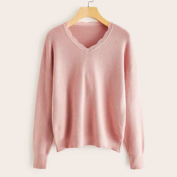

Contrast Lace Ribbed Knit Sweater, Pink