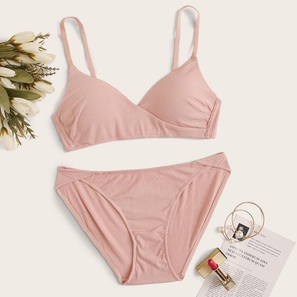

Rib Solid Lingerie Set, Pink