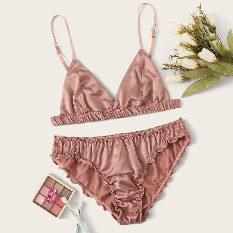 

Frill Trim Satin Lingerie Set, Pink