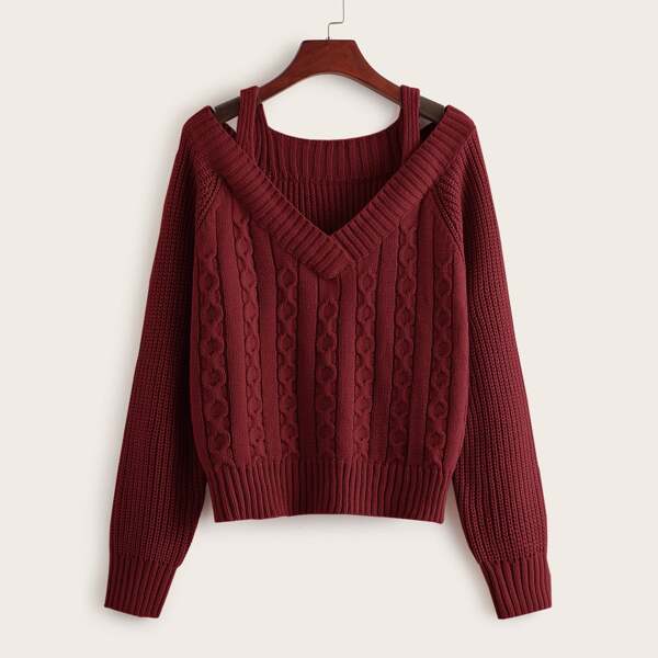

Cold Shoulder Cable Knit Sweater, Burgundy