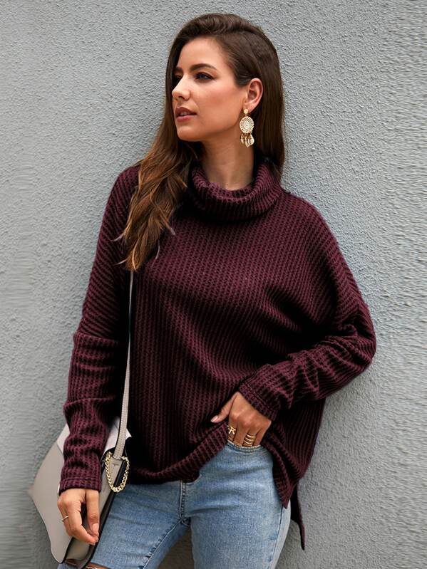 

High Neck Waffle Knit Sweater, Burgundy