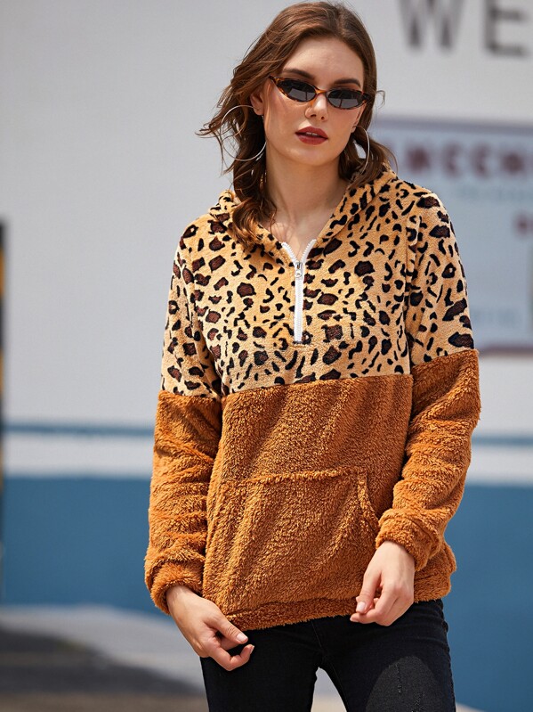 

Half Zip Contrast Leopard Teddy Hoodie, Multicolor, Vlada