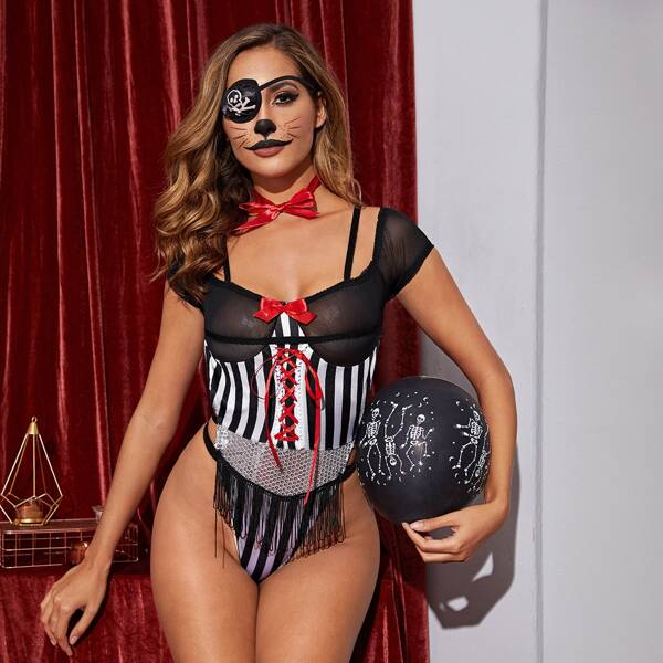 

Halloween Striped Teddy Bodysuit With Eye Mask & Ribbon