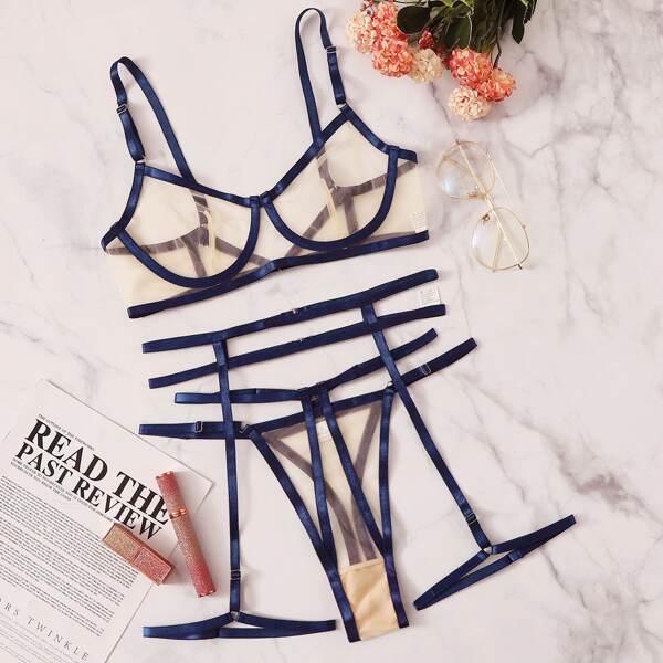 

Cut Out Sheer Mesh Underwire Garter Lingerie Set, Navy blue