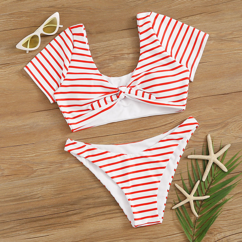 

Striped Random Print Knot Front Short Sleeve 2piece Swim, Multicolor