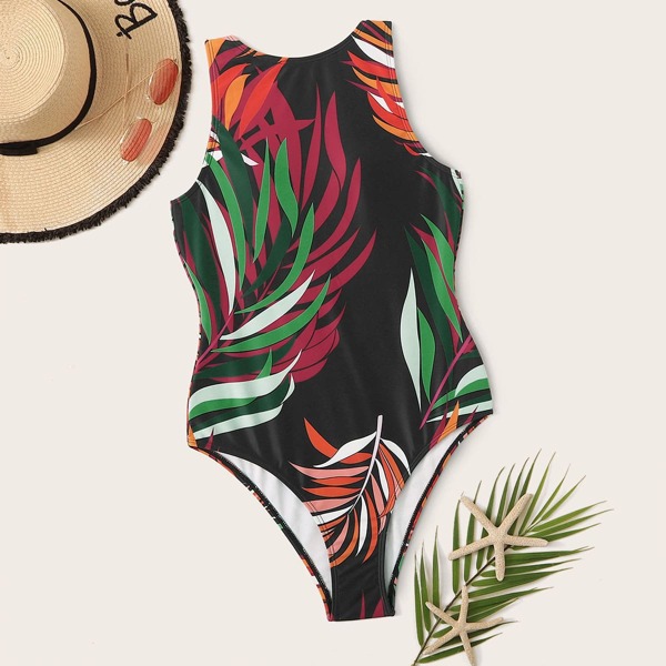 

Tropical Random Print Low Back One Piece Swimwear, Multicolor