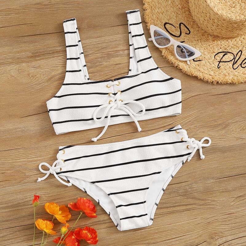 

Striped Textured Lace Up Front Bikini Swimsuit, Black and white