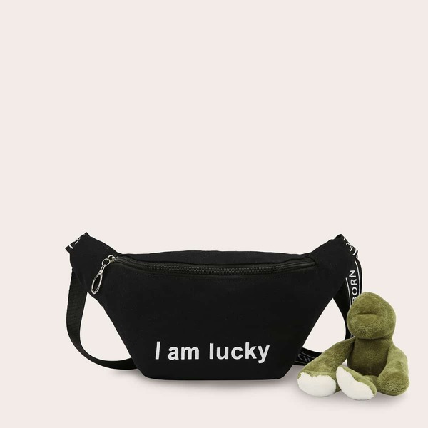 

Slogan Graphic Fanny Pack With Random Color Doll, Black