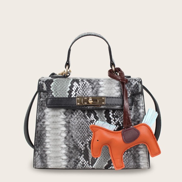 

Twist Lock Horse Charm Decor Snakeskin Satchel Bag, Multicolor