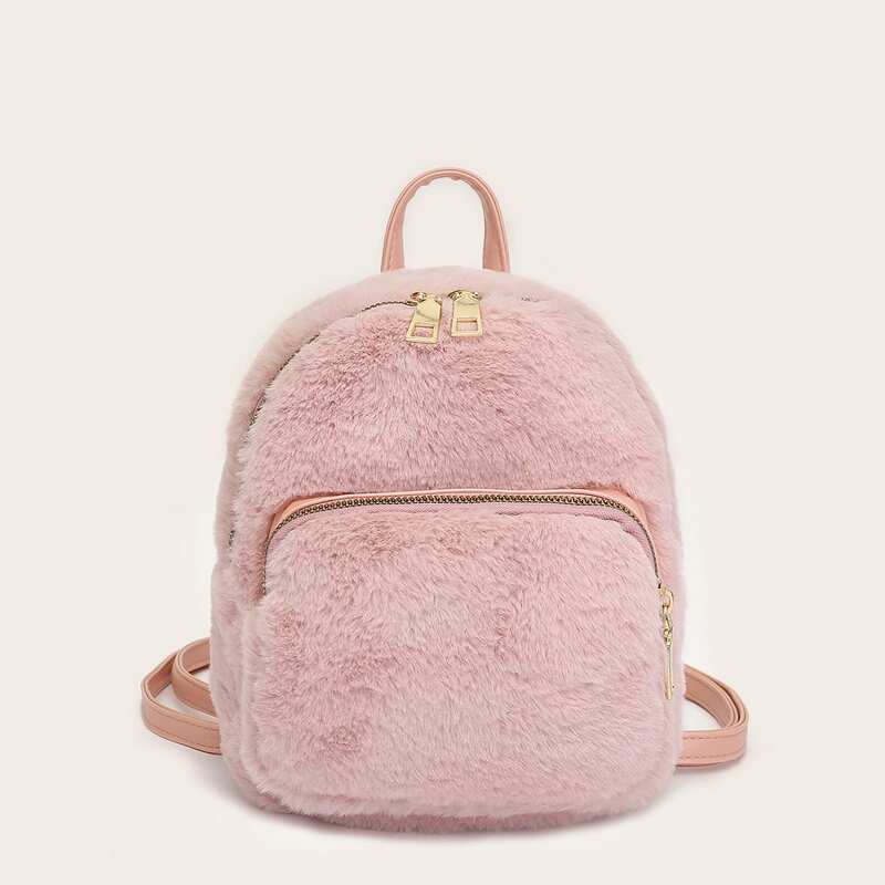 

Pocket Front Fluffy Backpack, Pink pastel