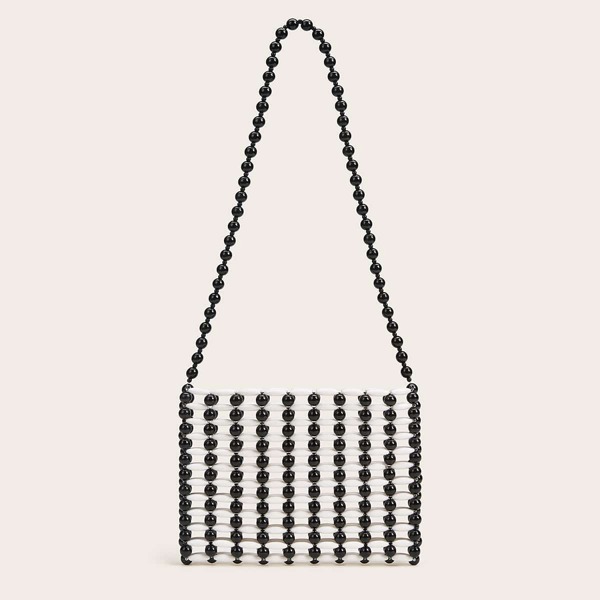 

Hollow Out Beaded Tote Bag, Black and white