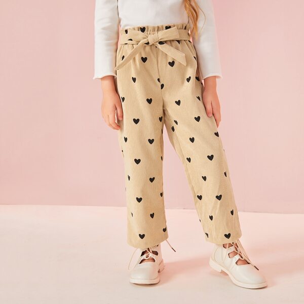 

Toddler Girls Corduroy Heart Print Paperbag Pants