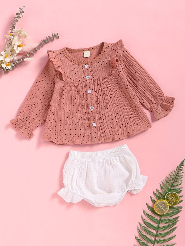 

Baby Girl Polka Dot Ruffle Blouse With Shorts, Multicolor