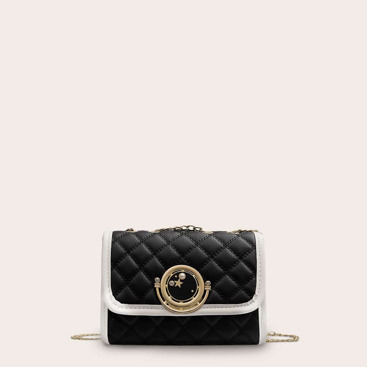 

Faux Pearl Decor Quilted Chain Bag, Black and white