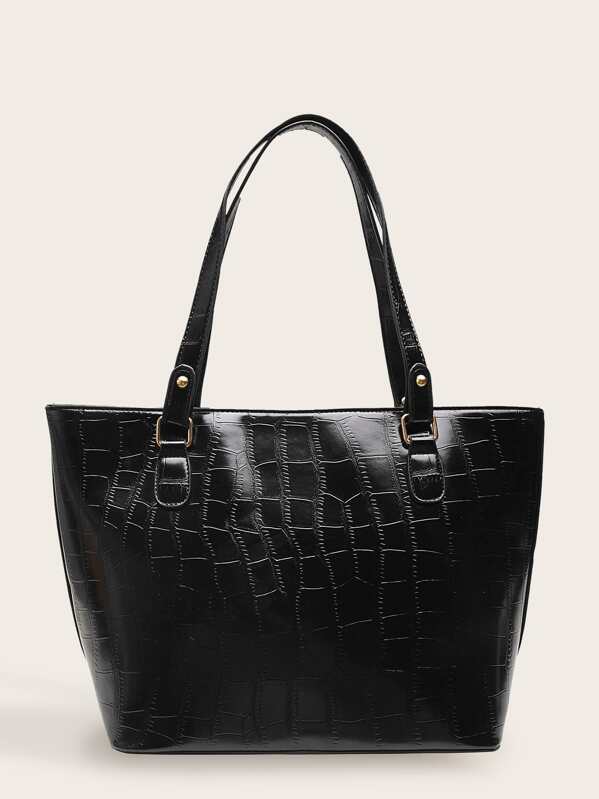 

Winged Croc Embossed Tote Bag, Black