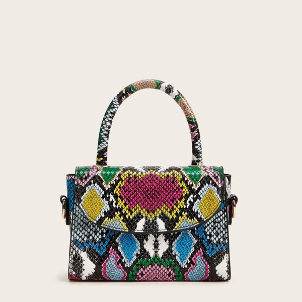 

Snakeskin Flap Satchel Bag With Chain Strap, Multicolor
