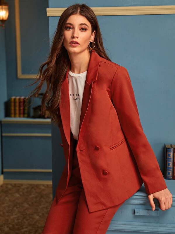 Lapel Neck Double Breasted Blazer, Red, Mila