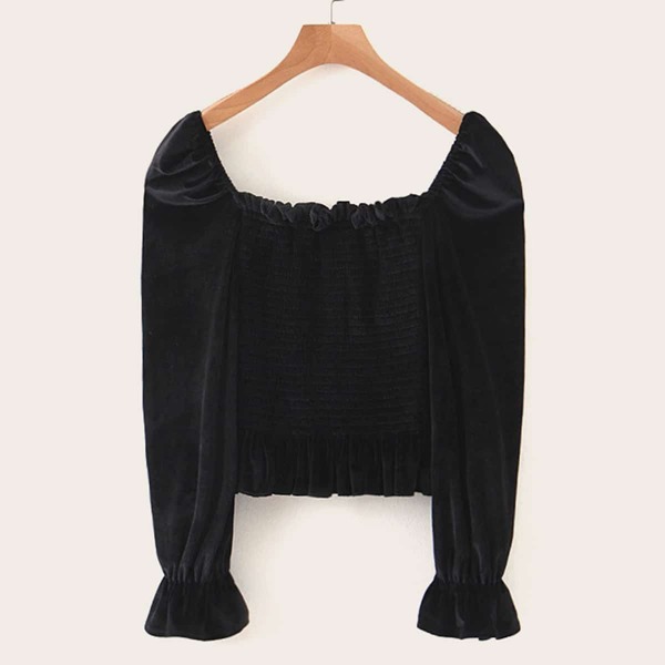 Velvet Square Neck Shirred Frill Trim Blouse