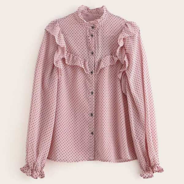 

Frill Trim Stand Collar Polka Dot Blouse, Pink