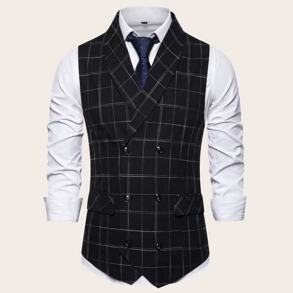 

Men Shawl Collar Double Breasted Waistcoat, Black