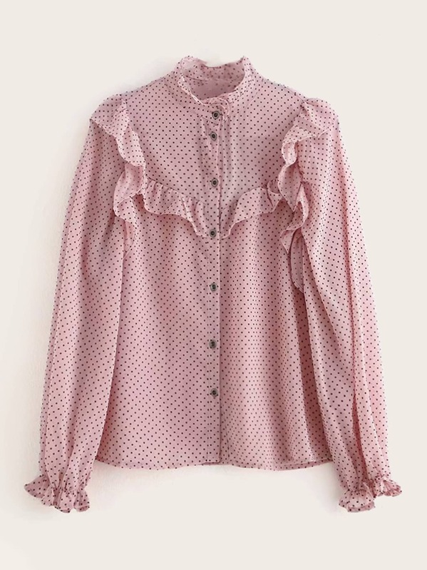 

Frill Trim Stand Collar Polka Dot Blouse, Pink