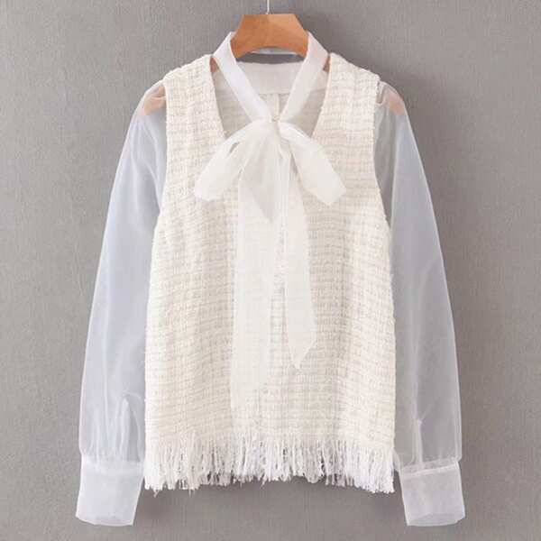 

Mesh Panel Tie Neck Raw Hem Tweed Blouse, White