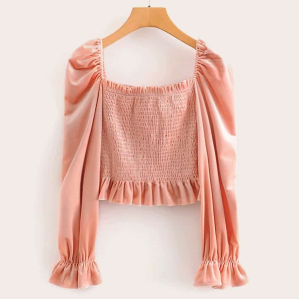 

Velvet Square Neck Shirred Frill Trim Blouse