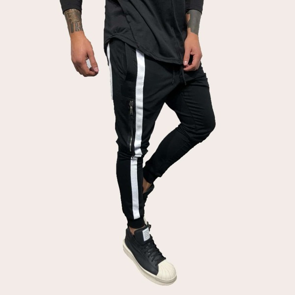 

Men Contrast Panel Zipper Side Sweatpants, Black