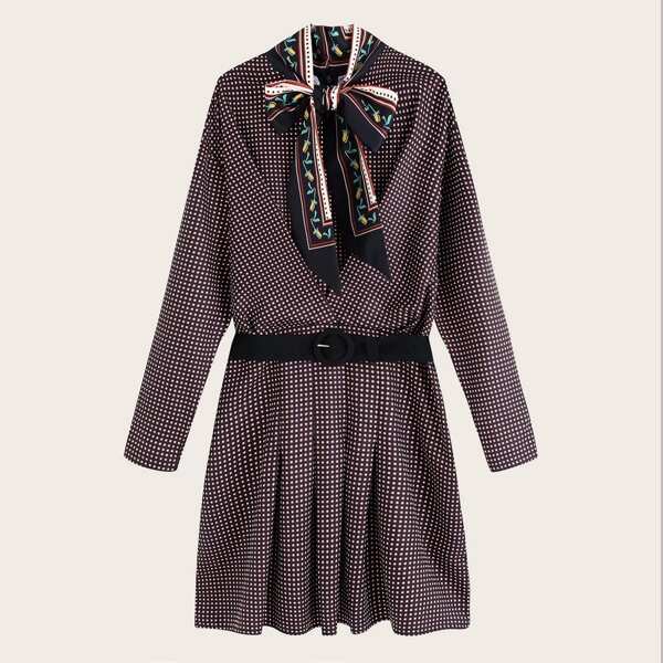 

Tie Neck Belted Polka Dot Dress