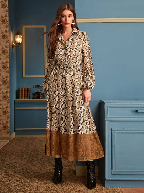 

Embroidery Mesh Panel Snakeskin Shirt Dress, Multicolor, Mila