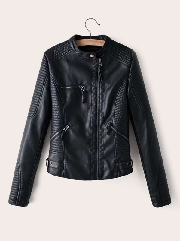 

PU Stand Collar Zipper Biker Jacket, Black