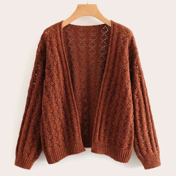 

Hollow Open Front Solid Cardigan, Brown