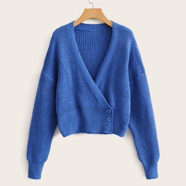 

Surplice Button Ribbed Knit Cardigan, Blue