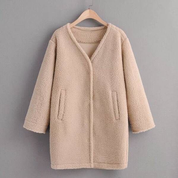 

V Neck Slant Pocket Teddy Coat, Khaki