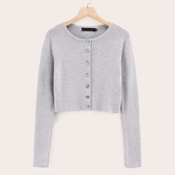 

Button Front Solid Crop Cardigan, Grey