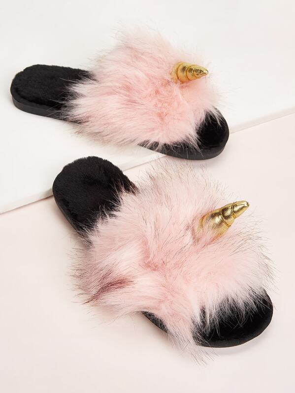 

Unicorn Design Faux Fur Decor Slippers, Pink