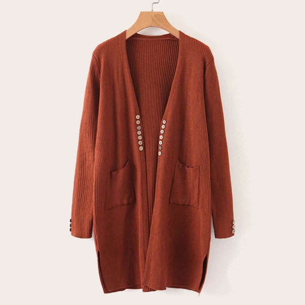 

Dual Pockets Split Hem Cardigan, Brown