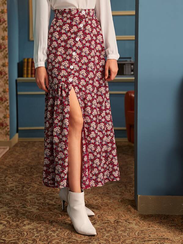 

Ditsy Floral Oblique Button Split Skirt, Multicolor, Mila