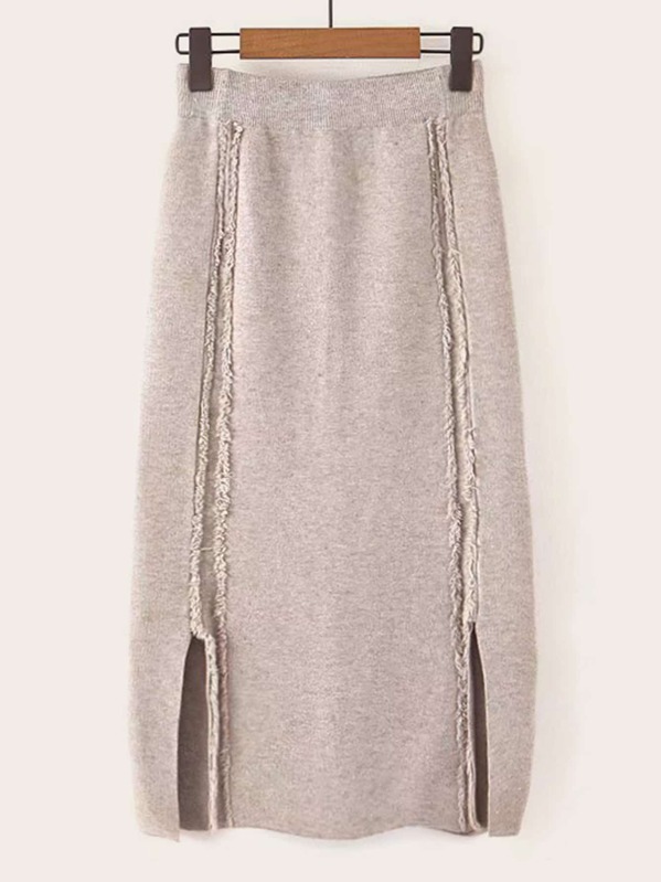 

Raw Trim Split Hem Sweater Skirt, Nude